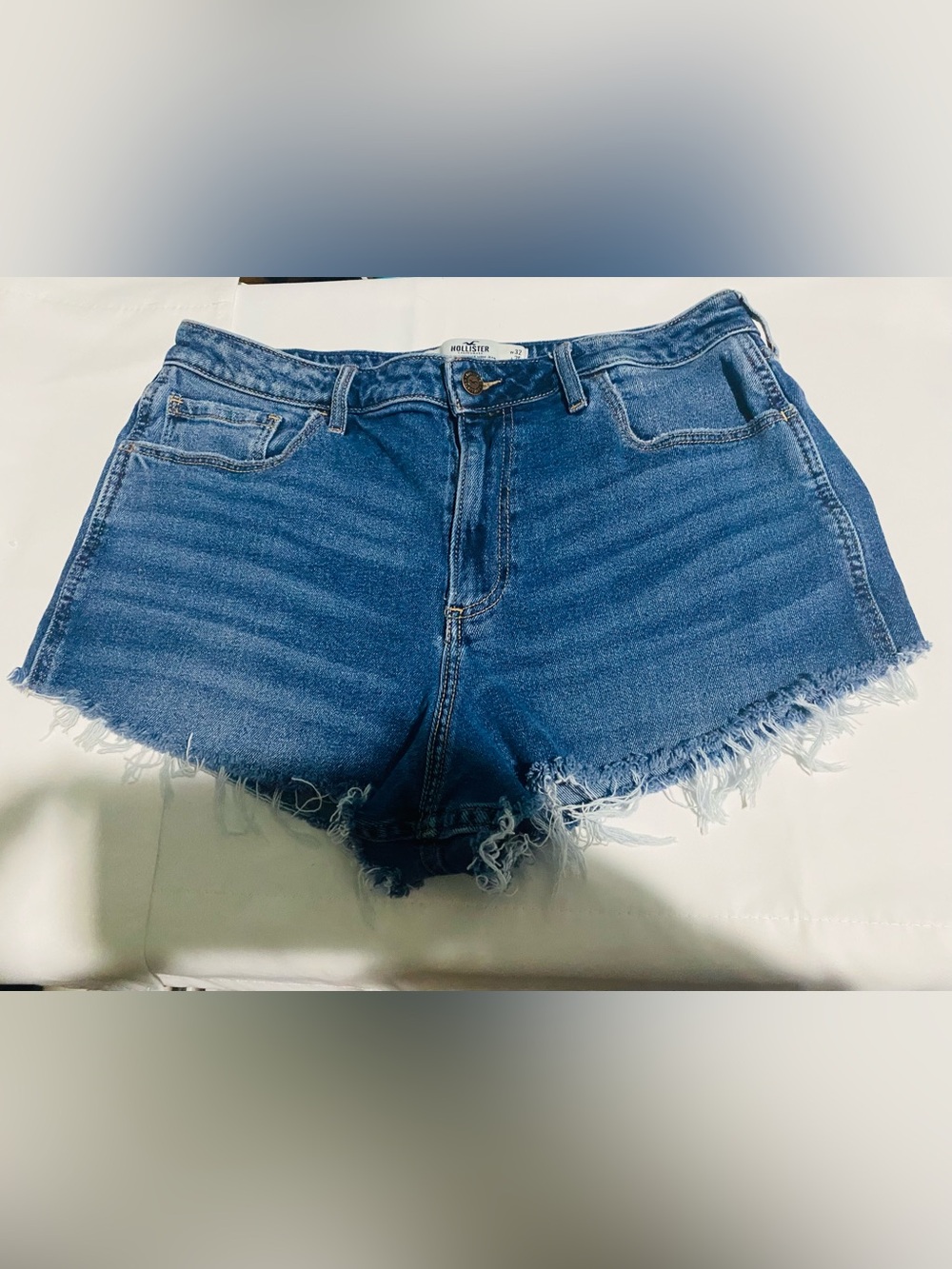 Hollister High-Waist Medium Blue Denim Frayed Shorts